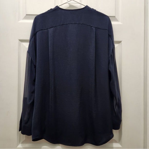 Vince Navy Satin V-Neck Pleated Front Blouse - Picture 4 of 5